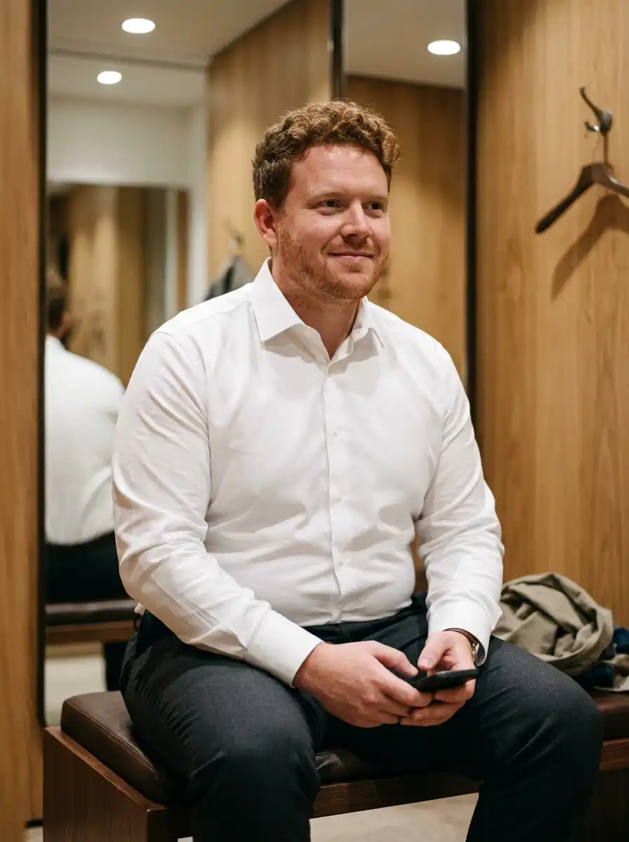 How to Dress for a Corporate Job as a Bigger Guy 3 Button the fitting-room shirt to the collar and sit down