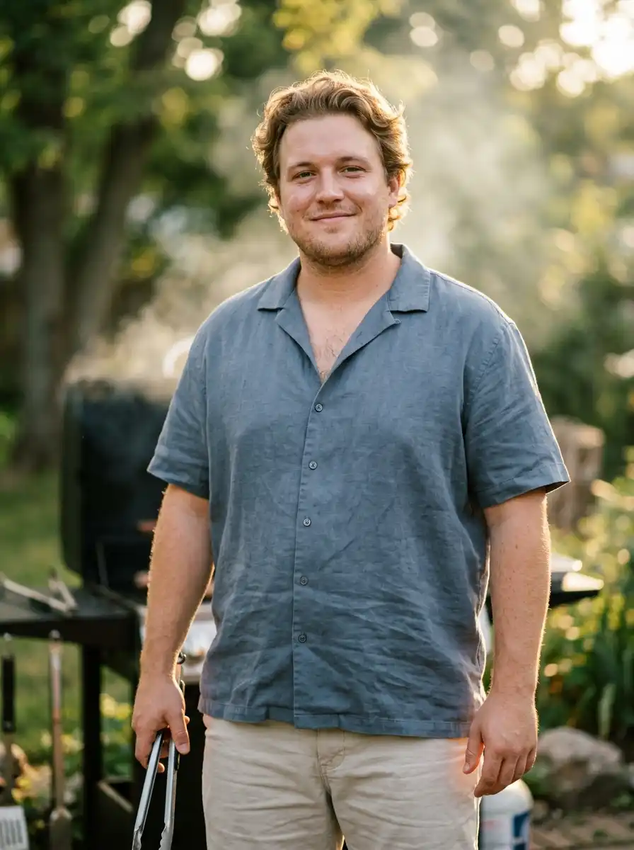 How to Dress for a Backyard Barbecue as a Bigger Guy 5 Dress for barbecue heat in a linen-blend camp shirt or piqué polo
