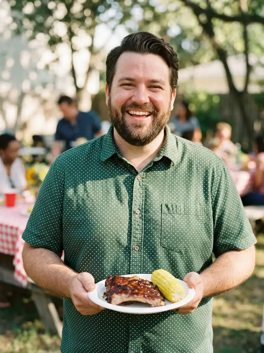 How to Dress for a Backyard Barbecue as a Bigger Guy 6 Hide sweat and sauce drips with a mid-tone shirt or small all-over print