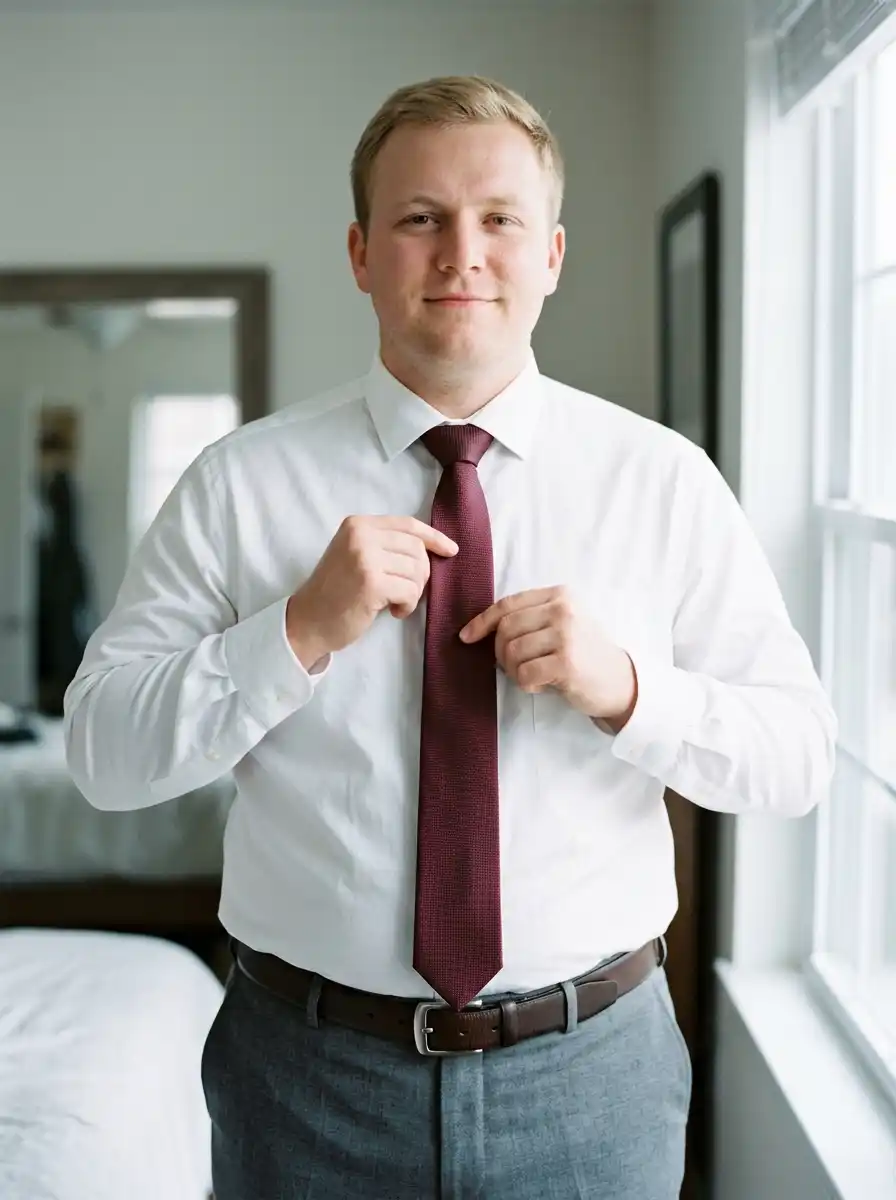 How to Dress for a Corporate Job as a Bigger Guy 8 Knot a 63-inch tie so the tip meets your belt buckle