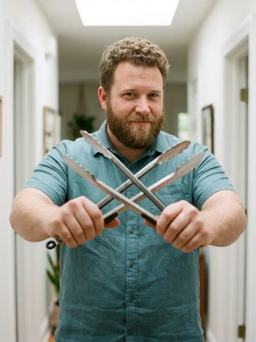 How to Dress for a Backyard Barbecue as a Bigger Guy 8 Reach toward an imaginary grill to catch button pull across the belly
