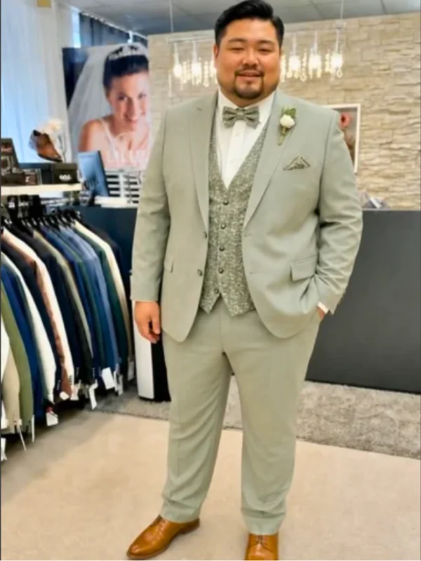 Sage Green Three Piece With a Patterned Vest and Bow Tie