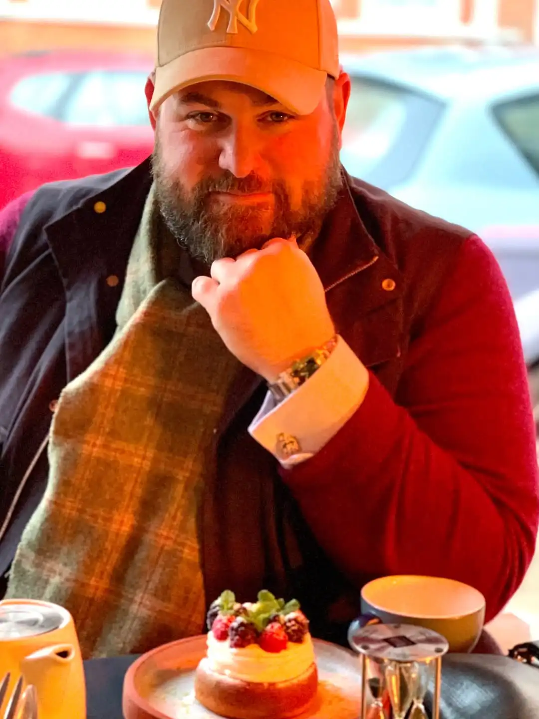 The Cold Weather Birthday Brunch: Long Scarf, Open Jacket, Red Knit