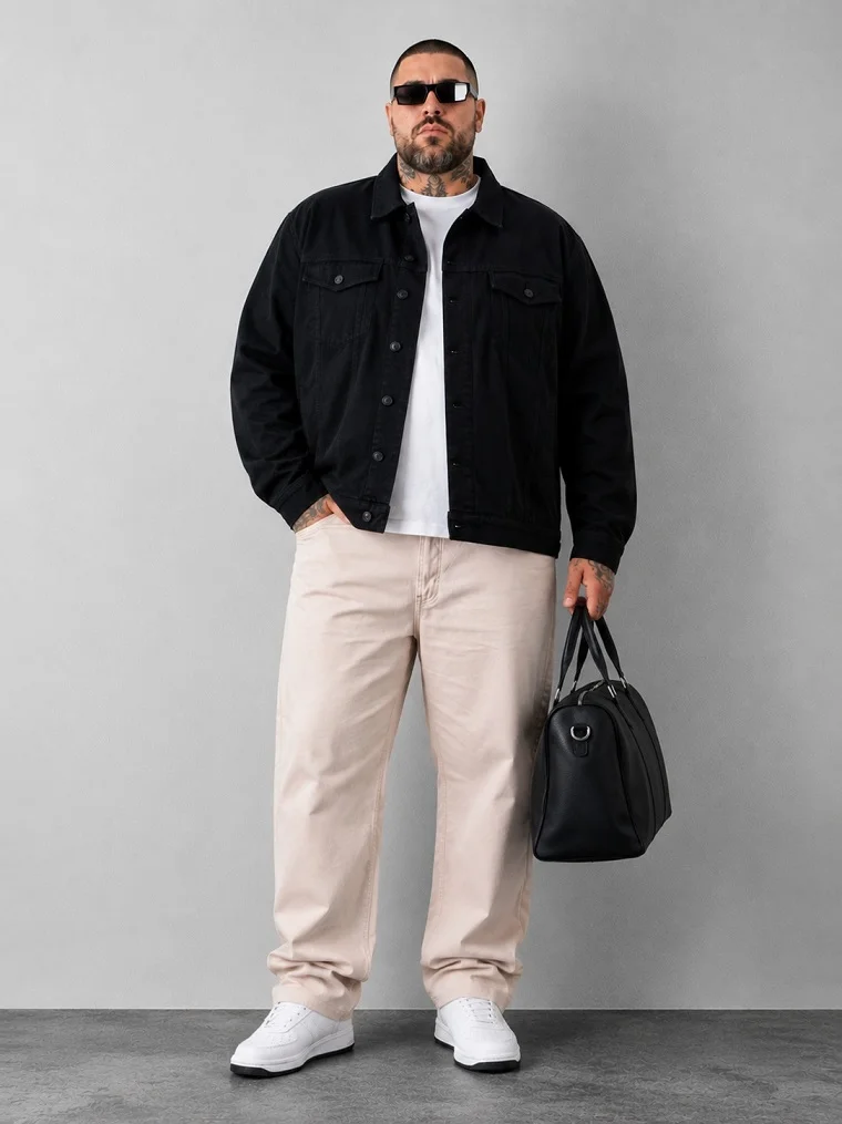 18 Winter Office Outfits for a Bigger Frame 14 Black Denim Jacket, White Tee and Stone Trousers for Relaxed Offices