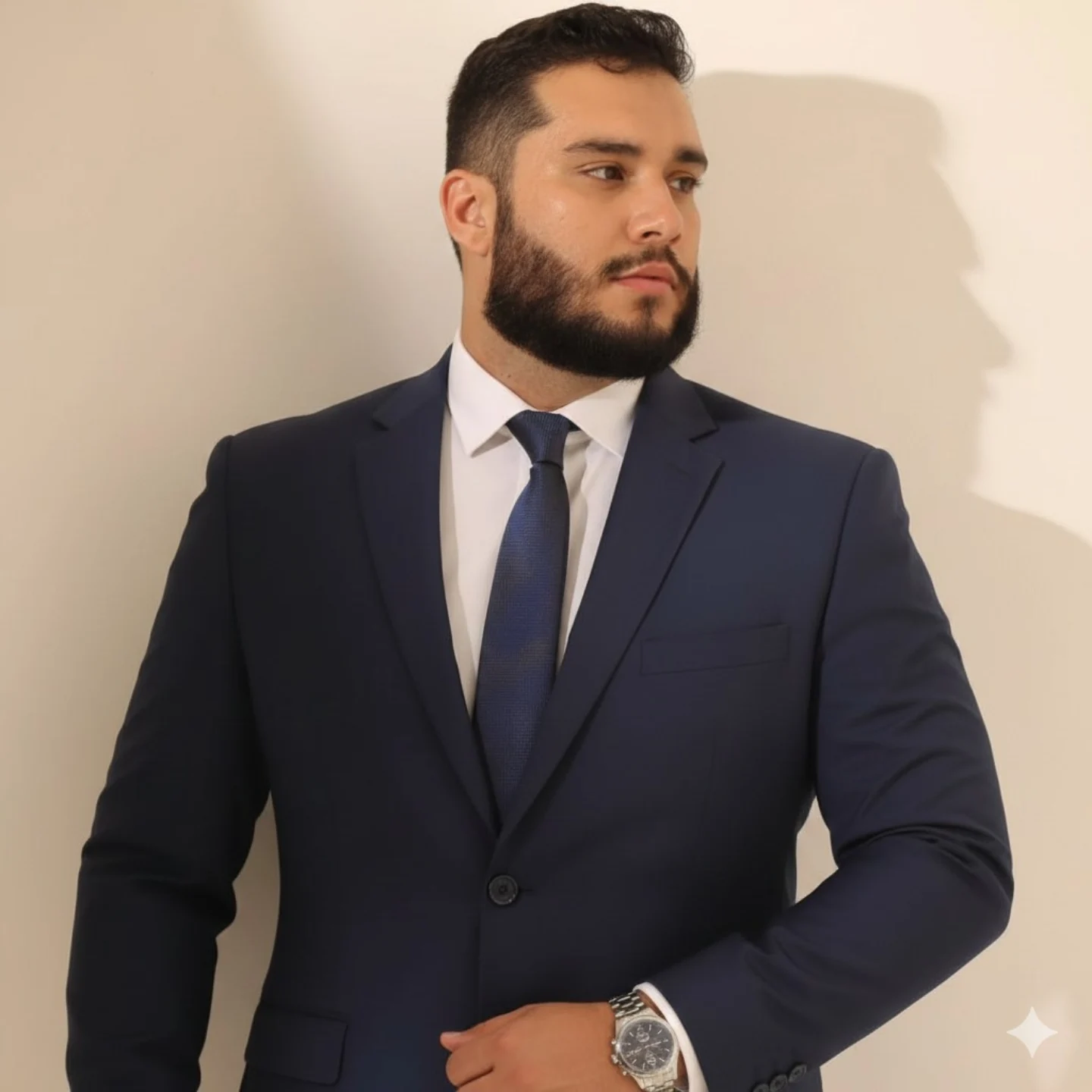 18 Winter Office Outfits for a Bigger Frame 9 Navy Suit With a Textured Tie and a Steel Watch for Client Days