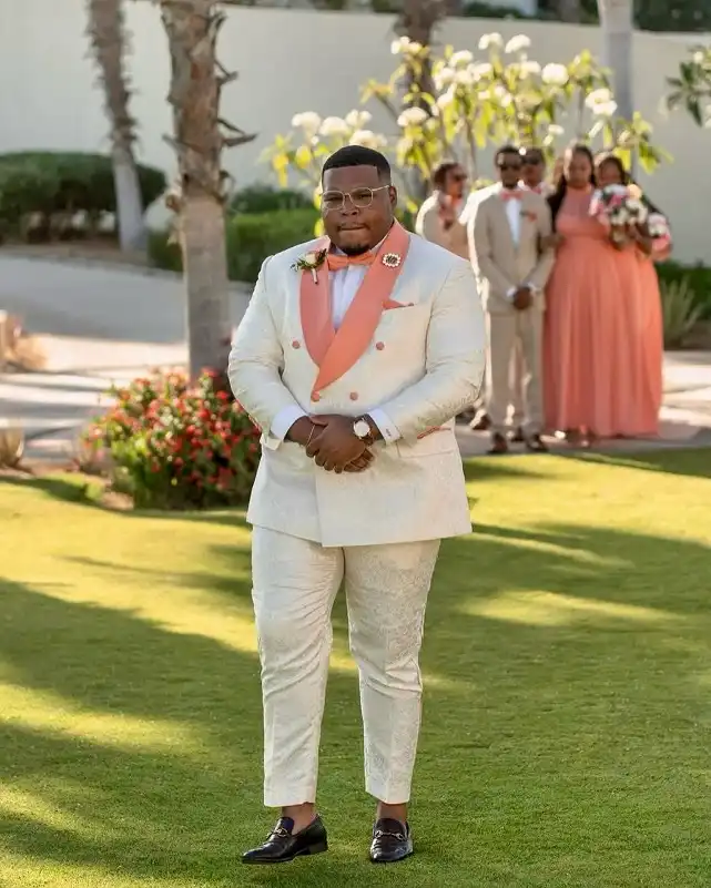 Ivory Jacquard Double-Breasted Suit With Coral Lapels to Match the Bridal Party